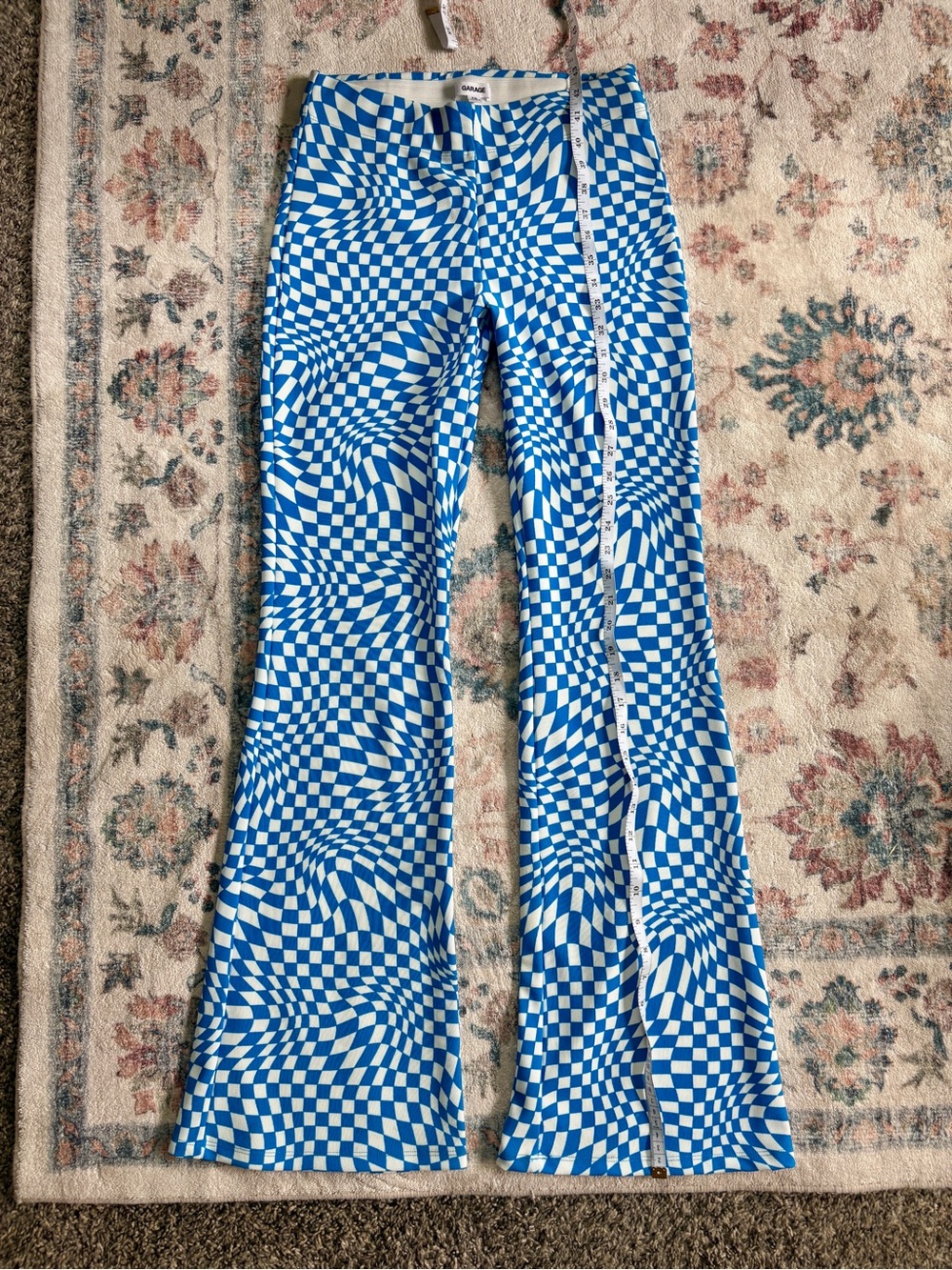 Garage Odessa Blue & White Stretch Flare  Checker Board Psychedelic Pants